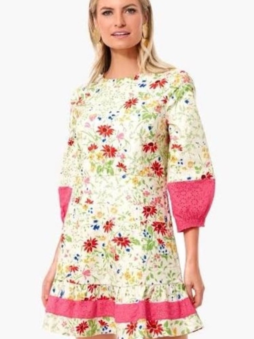 Tuckernuck Cream Floral Mini Dress with Pink Trim